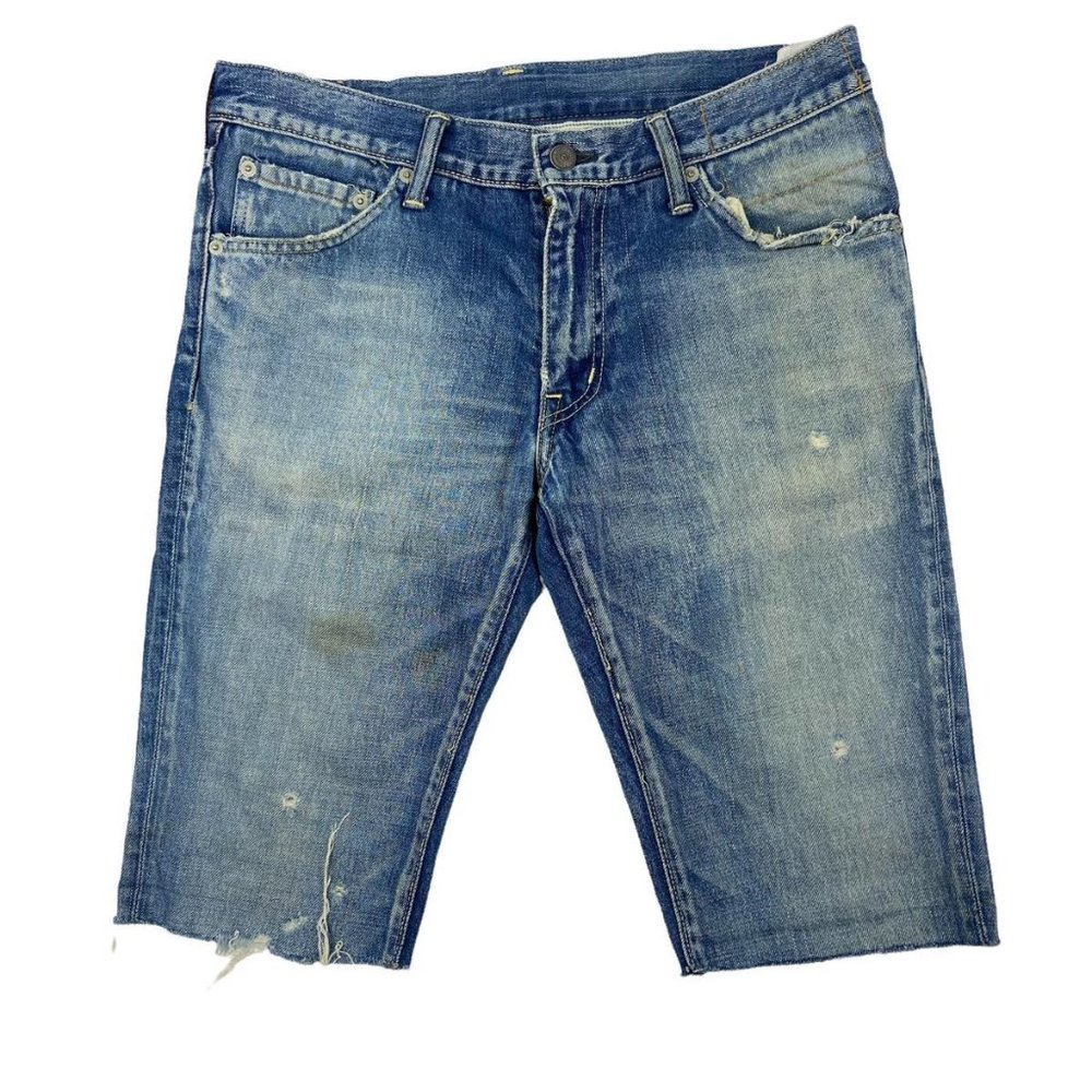 Visvim light wash distressed denim shorts